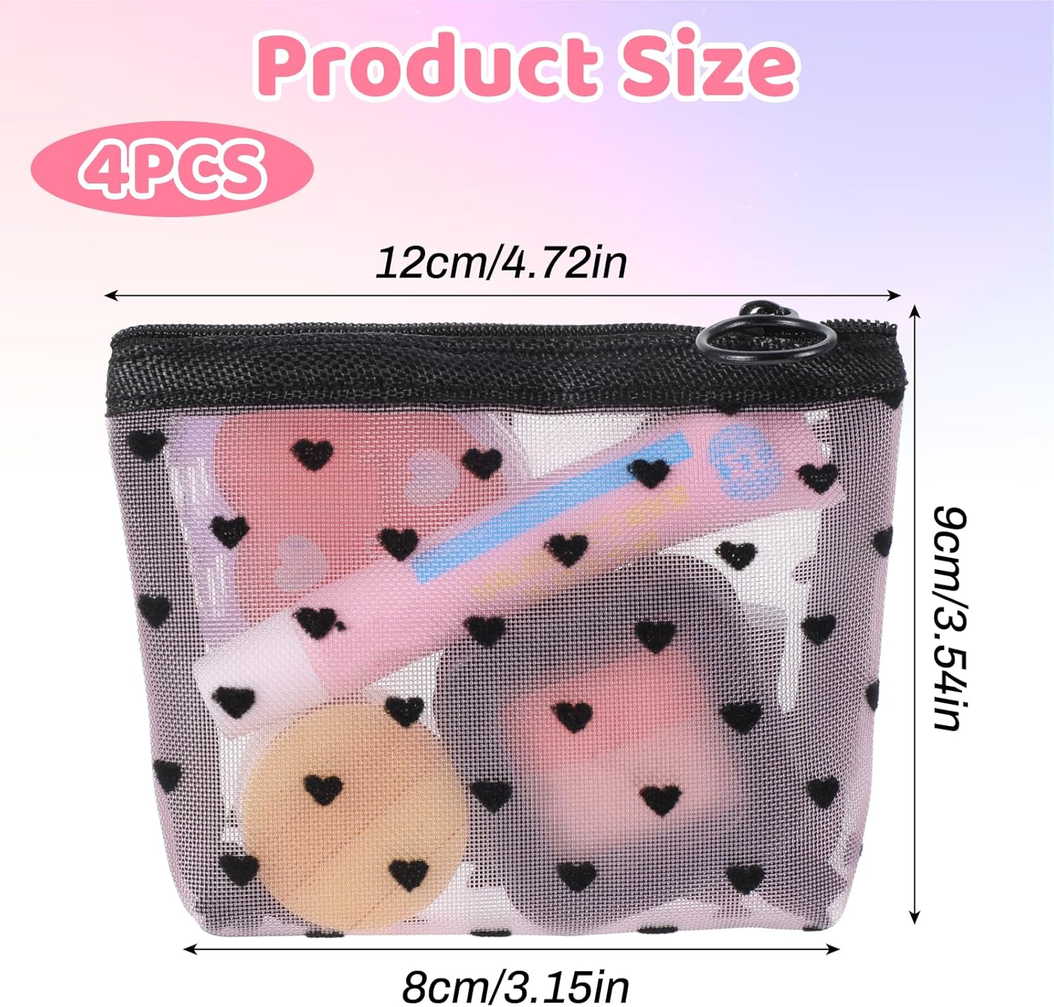 Guduling 4Pcs Mesh Makeup Bag with Zipper, Mini Mesh Pouch, Grid Cosmetic Bag, Heart Print Mini Zipper Cosmetic Bags for Travel and Storage (Pink, Beige, Black, White) image number 3
