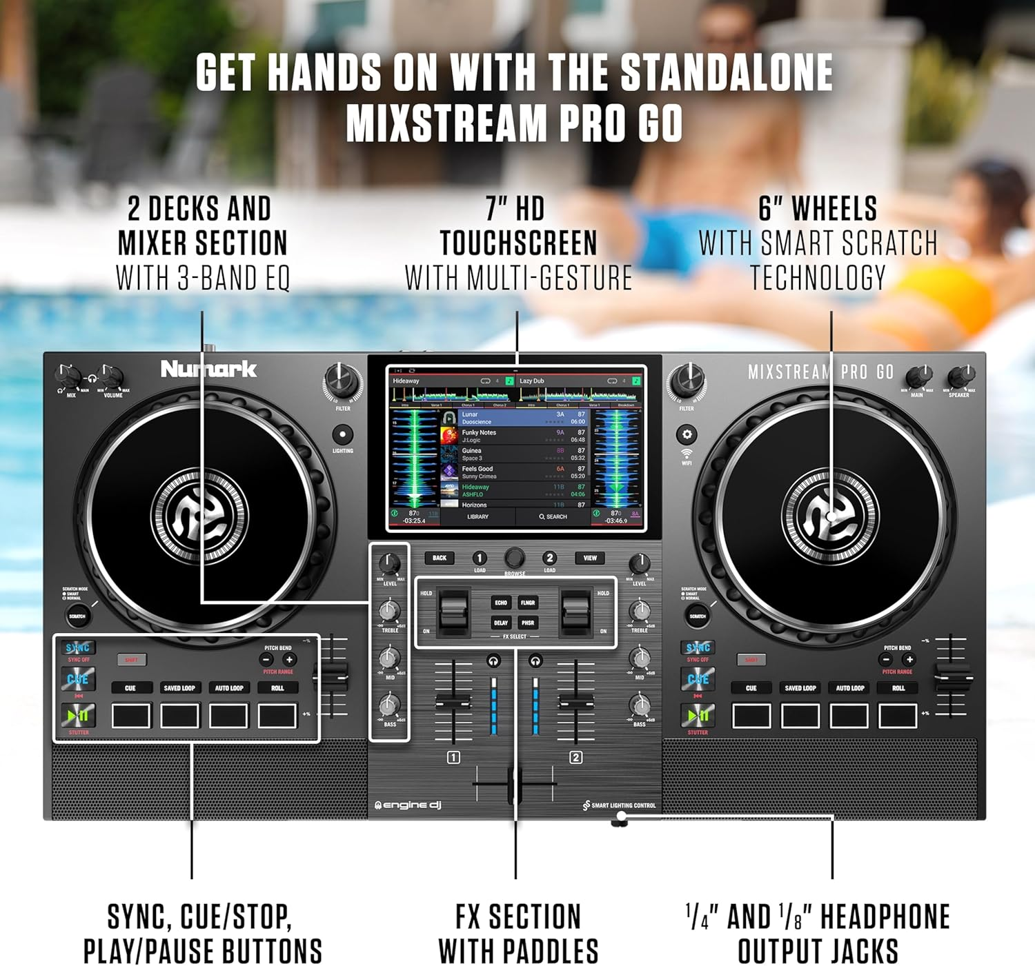 Numark Mixstream Pro Go Portable DJ Controller with Battery, Mixer with Stem Separation, Speakers, Wifi Streaming, Touchscreen, Works with Serato DJ image number 4