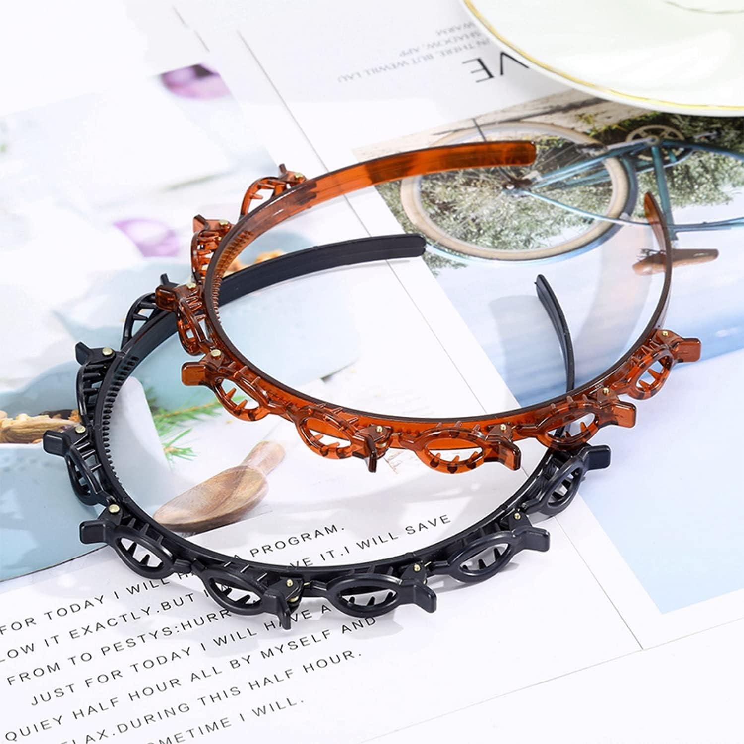 JZK 2 X Hairpin Headband, Plastic Double Layer Twist Plait Hairpin Headbands Hair Band Styling Accessories for Girls Women (Black + Brown) image number 4