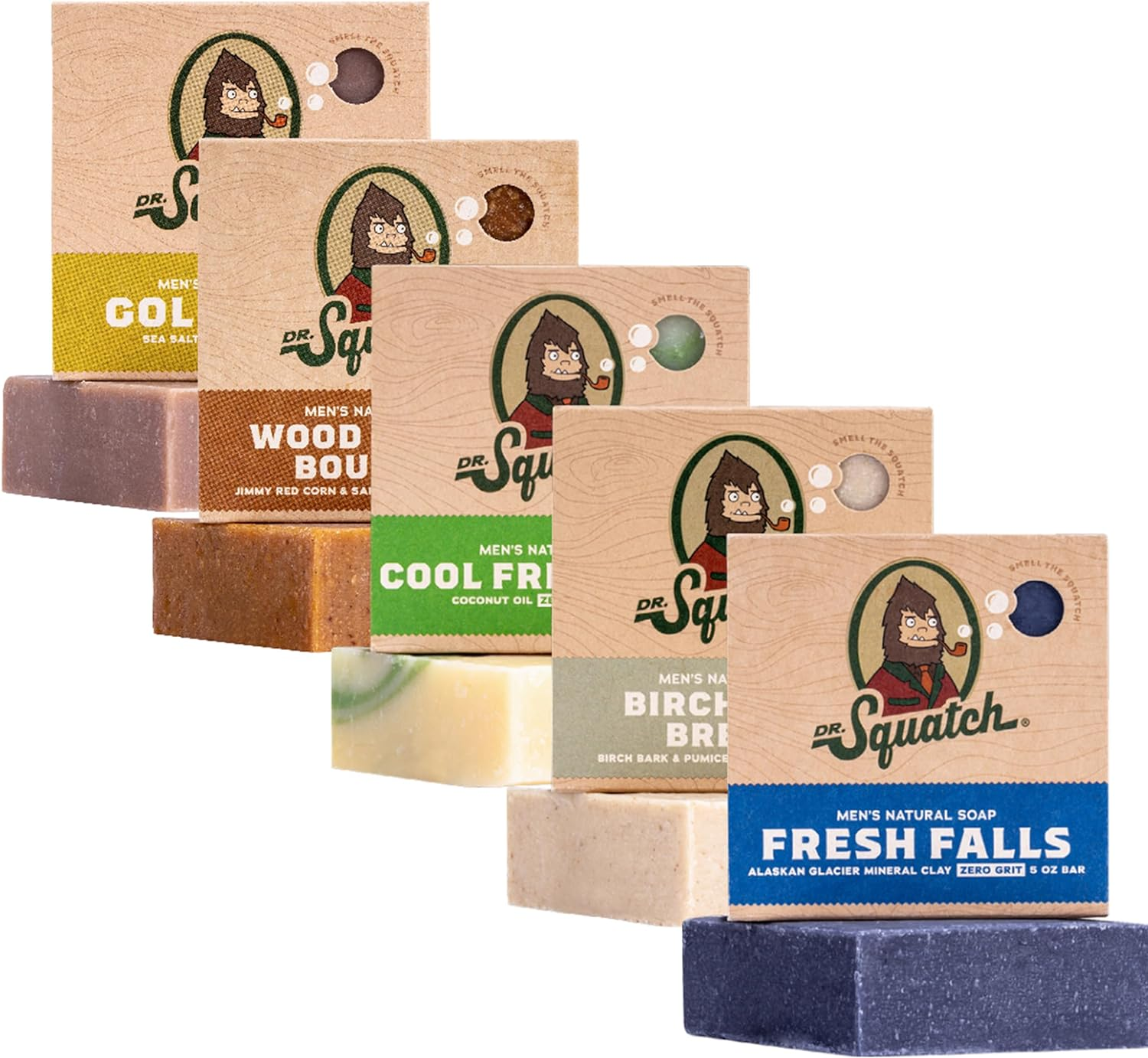 Dr. Squatch Natural Men&rsquo;S Bar Soap Gift Set - Cold Process Body Soap Bar with Natural Oils - Gifts for Men- Cool Fresh Aloe, Birchwood Breeze, Wood Barrel Bourbon, Fresh Falls, Gold Moss (142G, 5Pack) image number 1
