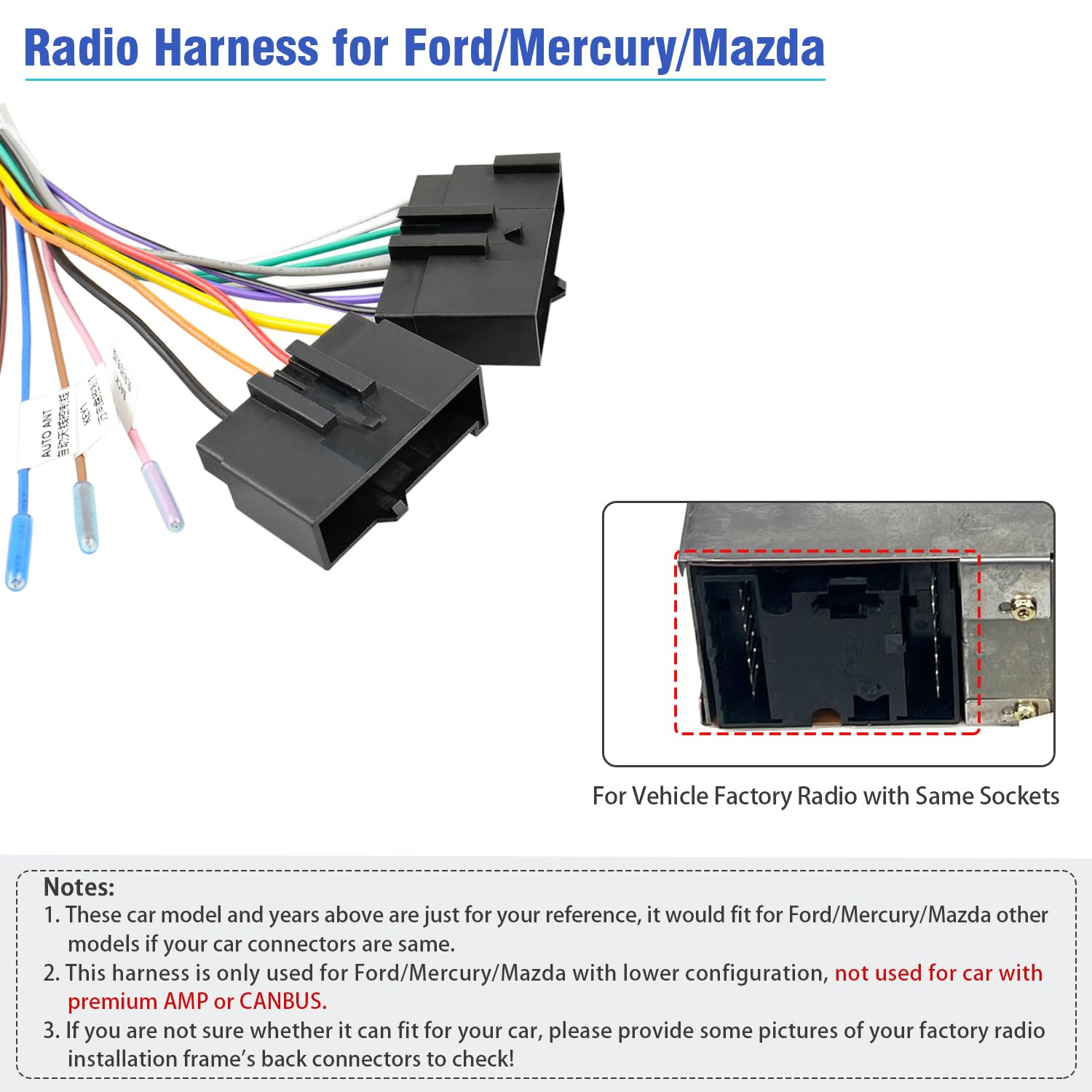 Radio Wiring Harness for Ford Stereo Adapter 1986-1997,Car Stereo Wire Harness Adapter Compatible with Aerostar Ranger Mustang Explorer Escort Focus Taurus Mercury 1987-1998 image number 6