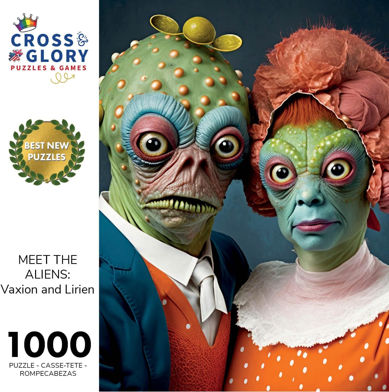 Cross & Glory Meet the Aliens: Vaxion and Lirien 1000 Piece Jigsaw Puzzle by - Unique and Colorful Artwork of an Alien Couple for Puzzle Enthusiasts and Science Fiction Fans