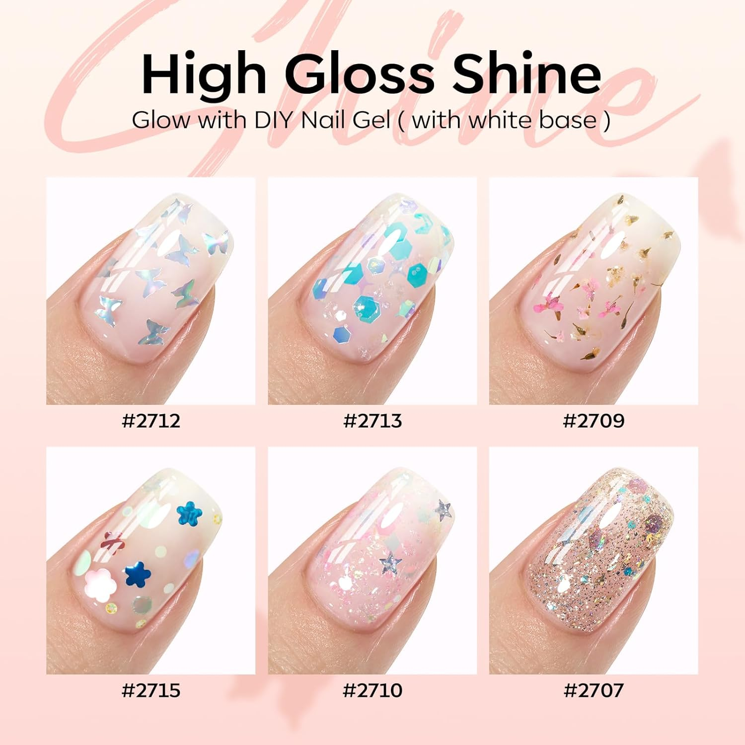 Modelones Glitter Gel Nail Polish Set, 6 Colors Dried Flower Laser Butterfly Blue Pink Star Shape Ornament Glitter Gel Polish Collection with Wooden Stick All Seasons Soak off LED Manicure DIY