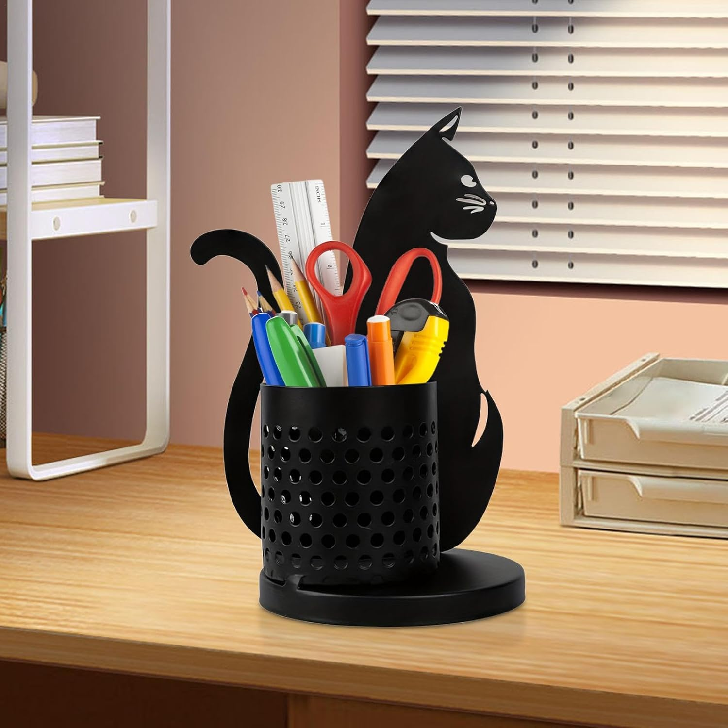 Black Metal Cat Pencil Holder - Cat Countertop Pencil Stand | Cute Metal Cat Pencil Container for Desk | Funny Black Cat Pen Storage Rack, Offices Accessory | Decorative Desk Organizer for Cat Lovers image number 1