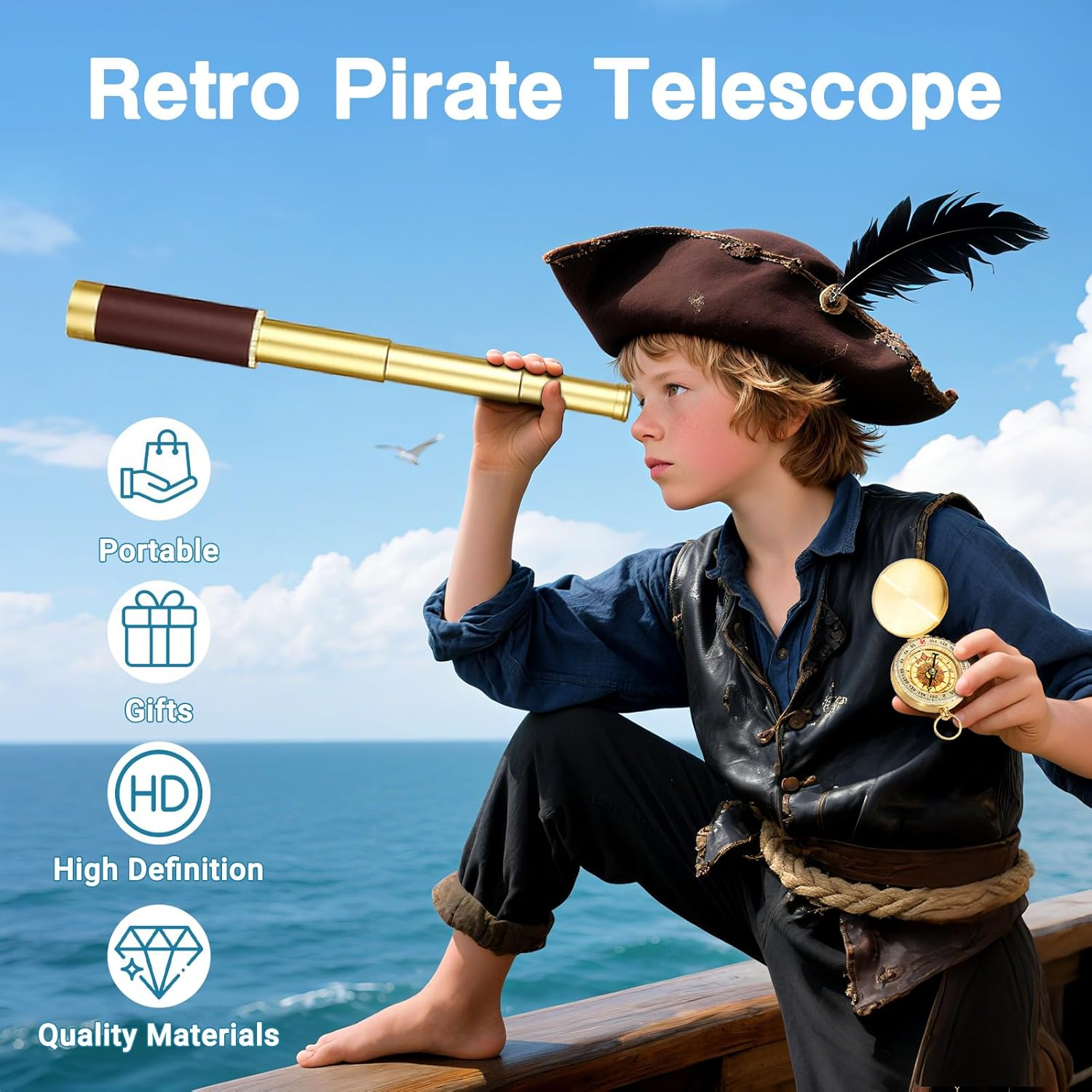 Laupha Retro Pirate Telescope Zoomable 25X30 Spyglass Portable Collapsible Handheld Telescope Vintage Monocular for Kids & Survival Gear Compass Pocket Military Compass for Camping Boating image number 4