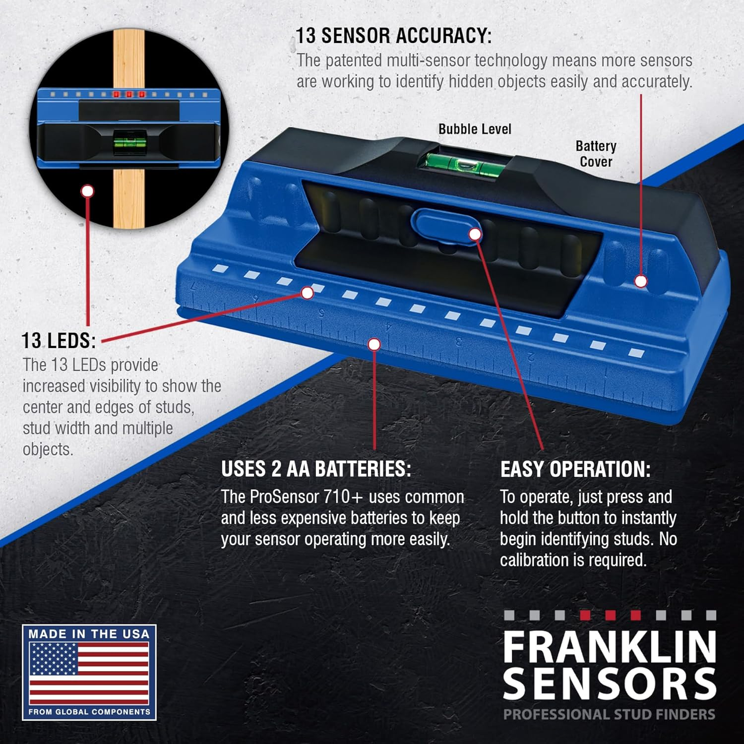 Franklin Sensors Prosensor 710+ Stud Finder with 13-Sensors, Wood & Metal Stud Detector/Wall Scanner, Built-In Bubble Level image number 4