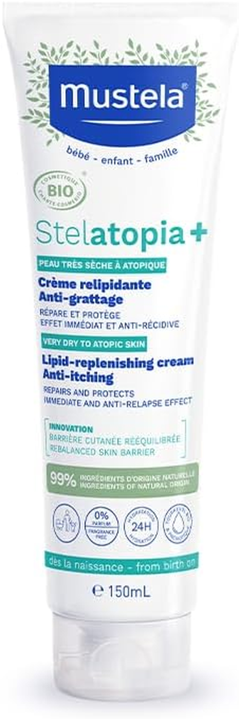 Mustela Stelatopia Anti-Itch Relief Cream Organic, Face and Body, Babies, Children, Whole Family - Extremely Dry Skin or Neurodermatitis, 99% Ingredients of Natural Origin (150 Ml) image number 2
