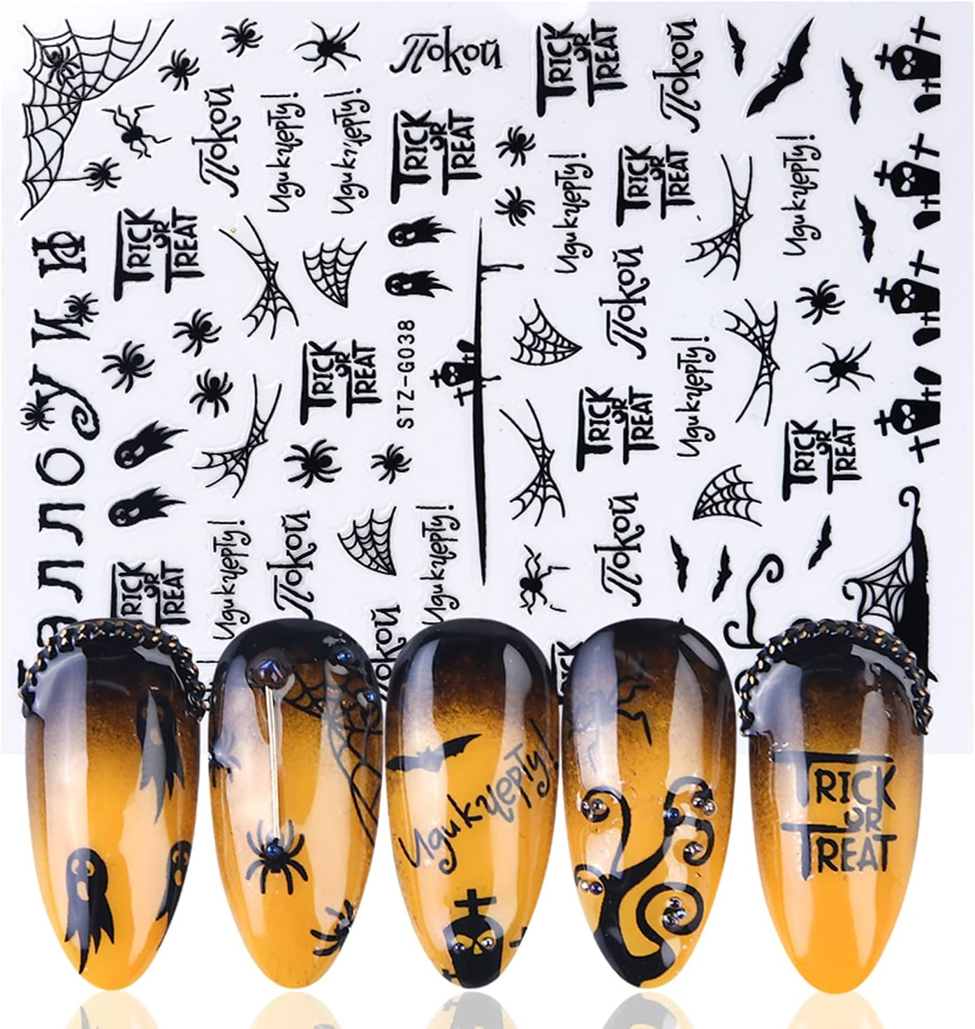 Halloween Nail Art Stickers Decals Laser Glitter 3D Self-Adhesive Nail Design Day of the Dead Skull Witch Pumpkin Ghost Gross Eye Spider Nail Supplies for Women Manicure Tips Decoration (9 Sheets)