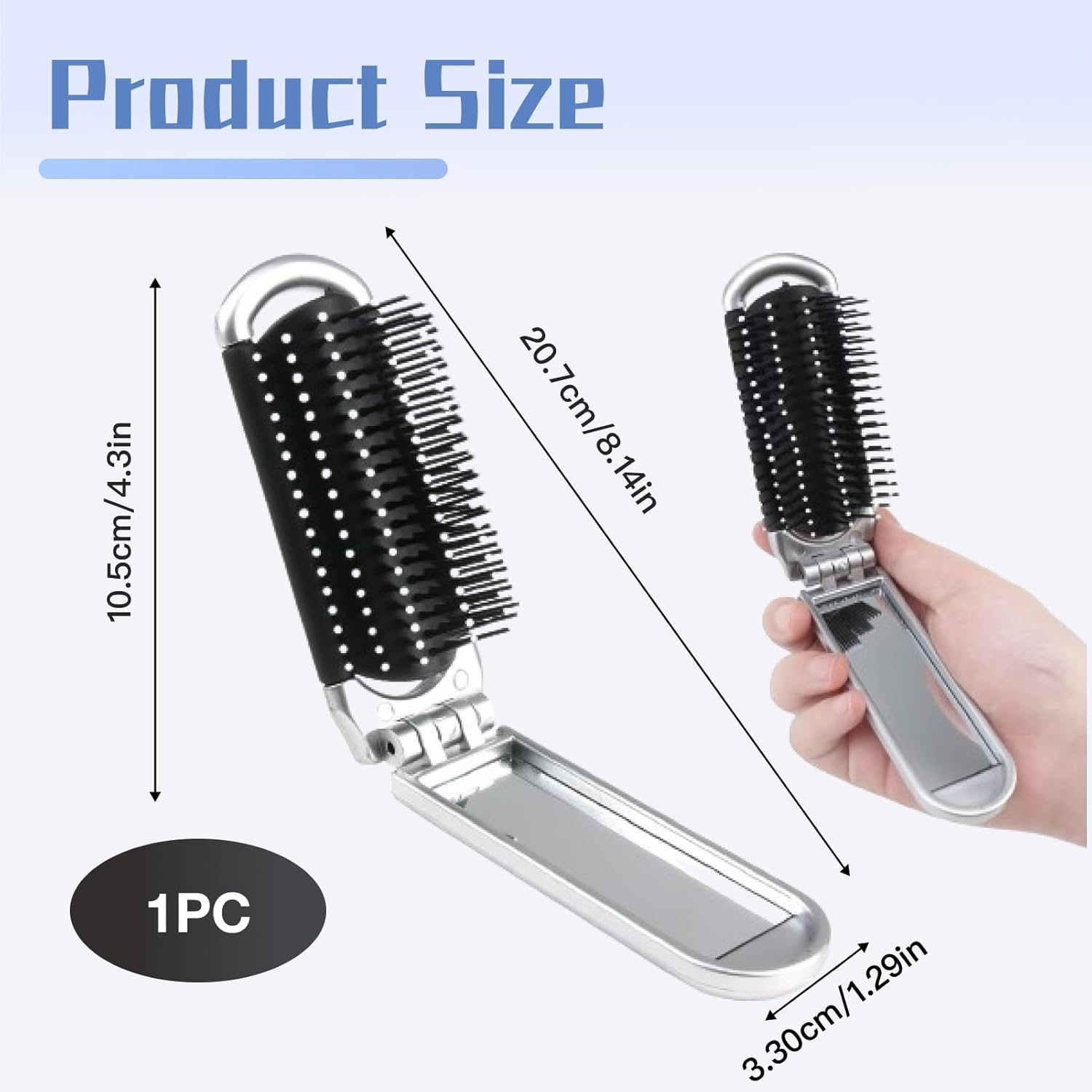 Travel Hair Brush with Mirror, Folding Brush, Foldable Mini Hair Brush, Pocket Travel Brush, Folding Hair Massage Comb, Mini Hair Brush, Portable Silver Hair Styling Comb for Men, Girls, Women image number 3