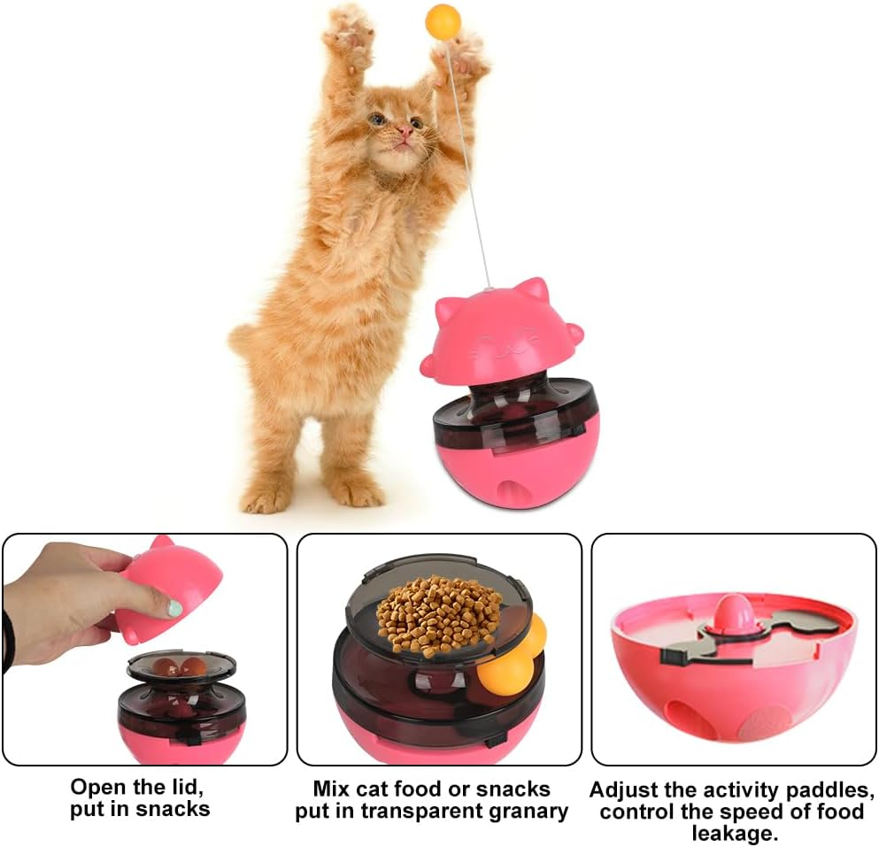 RANJIMA Interactive Cat Toy, Cat Toy for House Cats, 3 in 1 Feather Toy, Cat Feeder Toy, Feeder, Cat Toy with Toy Feeder (Pink)