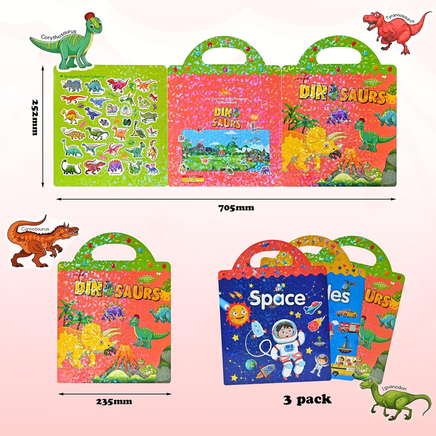 Eoocoo 3 Pack Reusable Sticker Books for Kids 3-5, Travel Airplane Activity Stickers for Boys Girls, Education Learning Toys for Toddler Party Birthday Gifts-Space, Dinosaurs and Vehicles