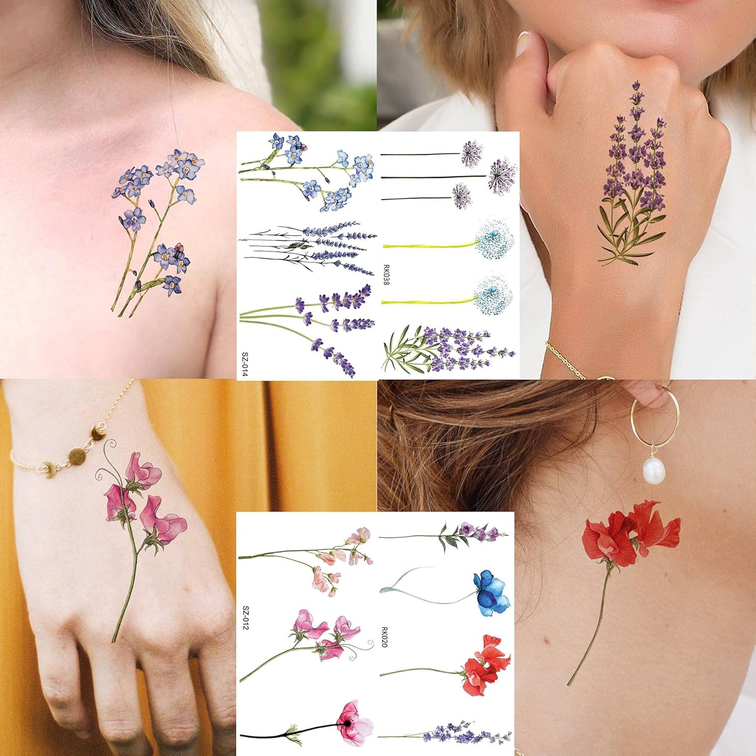 COKTAK 12Pieces/Lot 3D Watercolor Lavender Flower Temporary Tattoos for Women Body Art Arm Fake Flora Adults Tattoo Sheet Sticker Waterproof Girls Tatoos Paper image number 2
