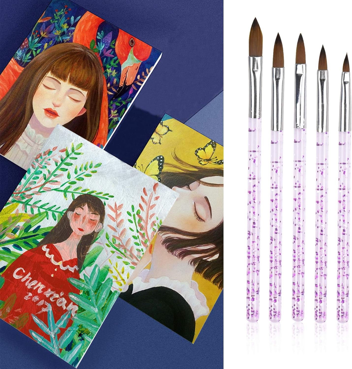 Avodova 5Pcs Nail Brush for Acrylic Powder, Nail Brush Pens with Glitter Handle, Nail Art Brushes Set Different Size, Nail Design Painting Brush Tools for UV Gel Nail, DIY Nail Art Decoration