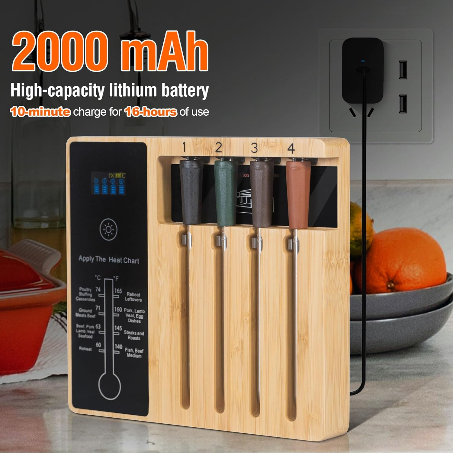 4-Probe Premium Wireless Smart Meat Thermometer | for BBQ, Oven, Grill, Kitchen, Smoker, Rotisserie | Ios & Android App | Apple Watch, Alexa Compatible | Dishwasher Safe - 1 Teak image number 2