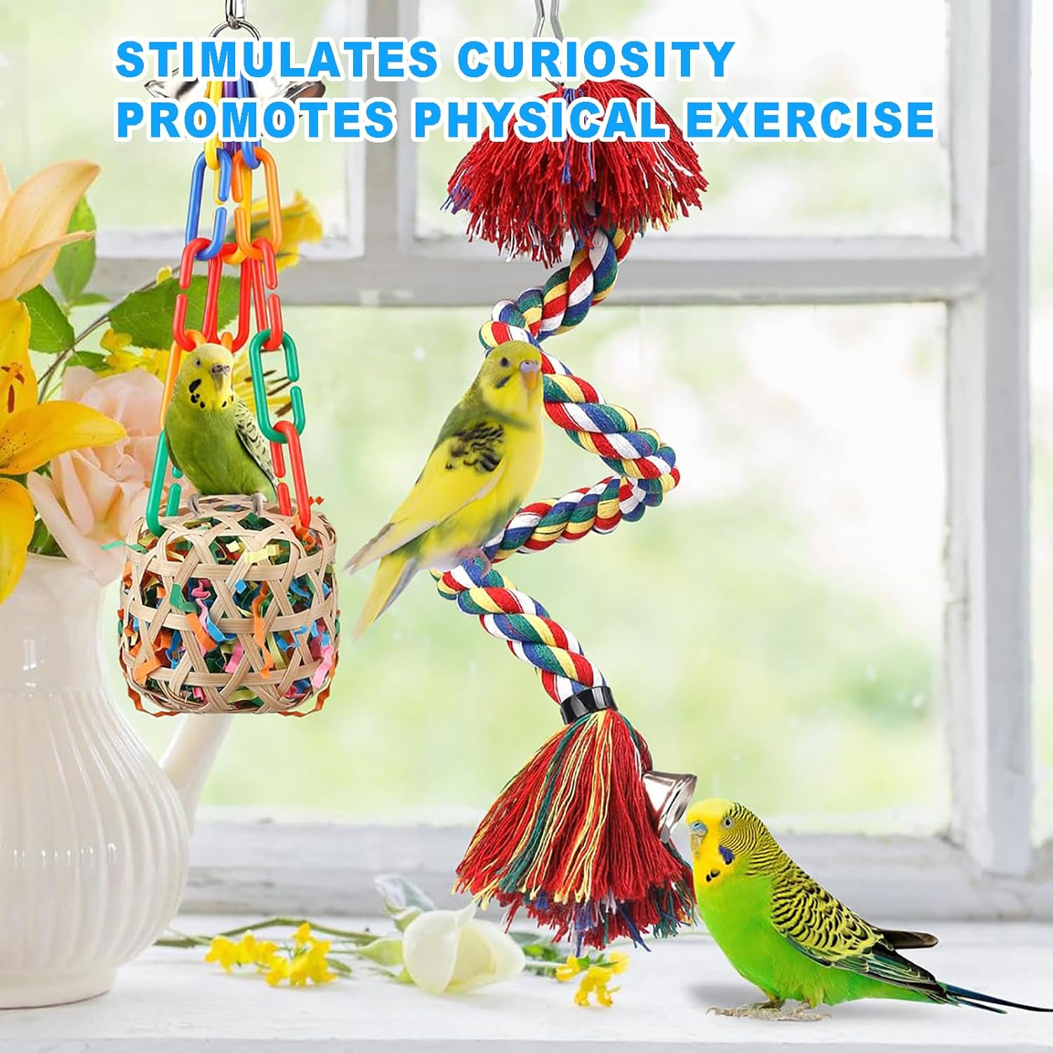 Velmoriah 5PCS Colorful Bird Toys for Parakeets, Parrot Chewing Shredding Foraging Toys Rope Perch with Bells, Bird Swing Climbing Standing Hanging Toys for Conure Cockatiel Budgies Lovebird
