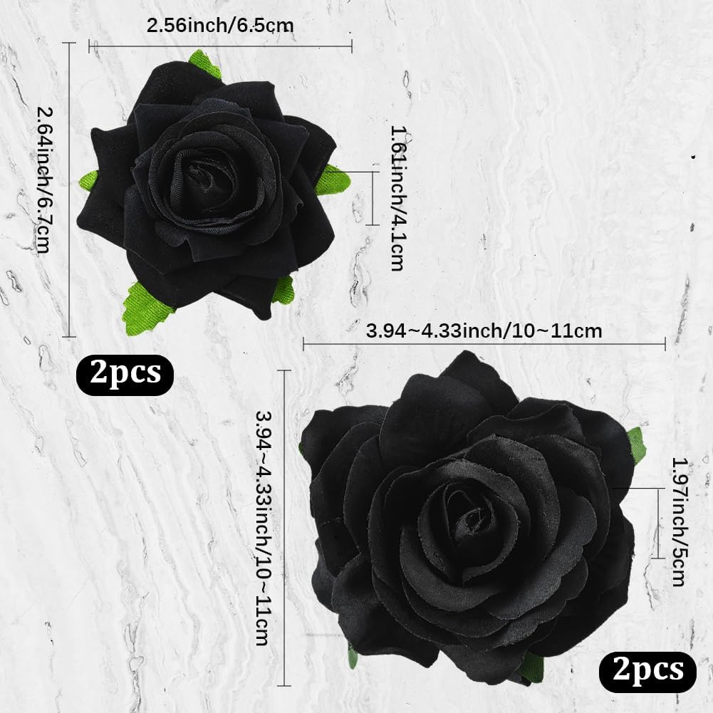SOFPLATE Pack of 4 Black Rose Hair Clips Flowers Hair Brooch 2 in 1 Fabric Flower Clips Brooches Hats Bags Clothing Hair Pins Decoration Accessories for Wedding Party Halloween Fancy Dress Accessories image number 4