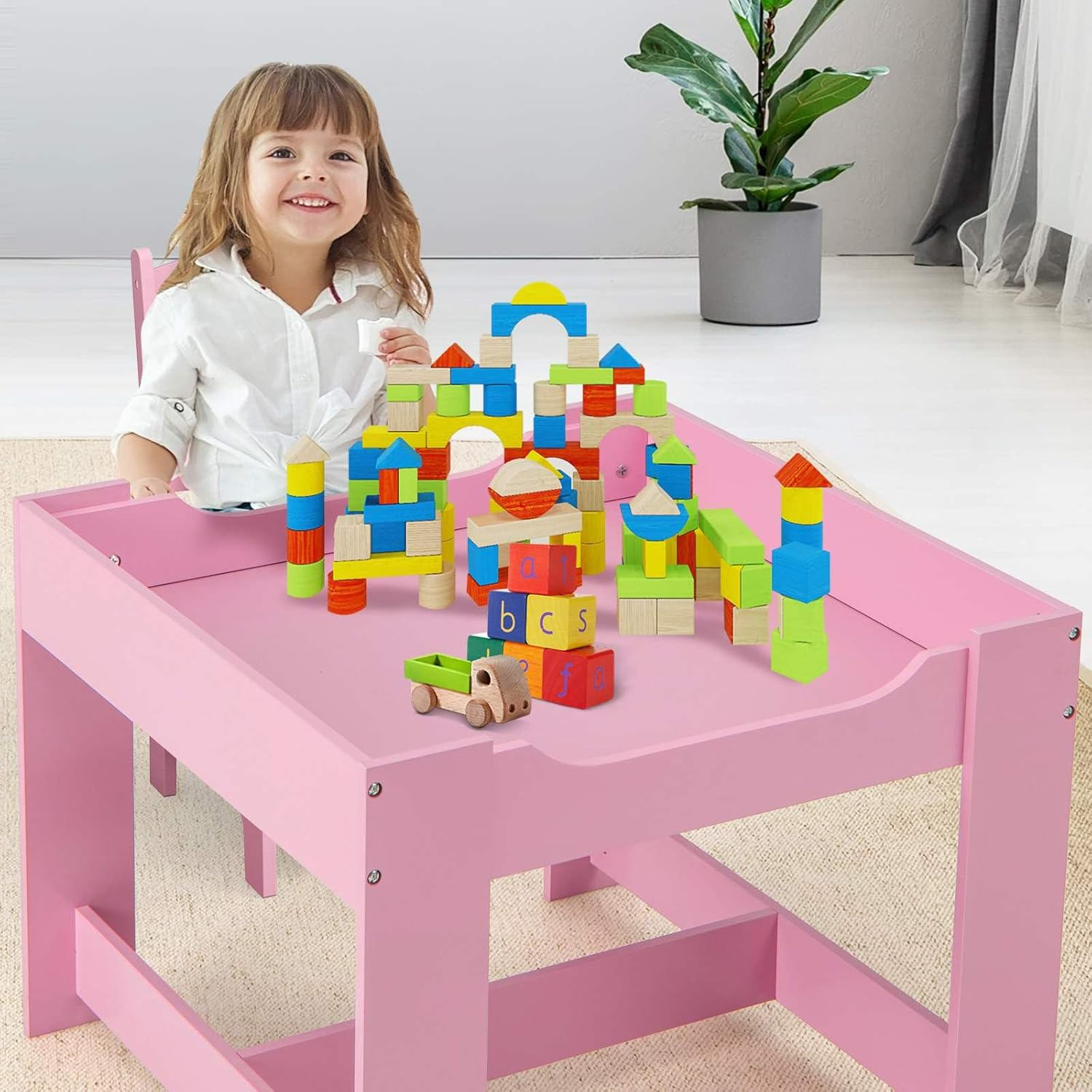 Costway Kids Table and Chairs Set, 3-Piece Kids Furniture Set, Kids Play Table and Chair Set, Toddler Table and 2 Chairs Set, Double Sided Kids Table, Children Activity Art Desk Set (Pink) image number 2