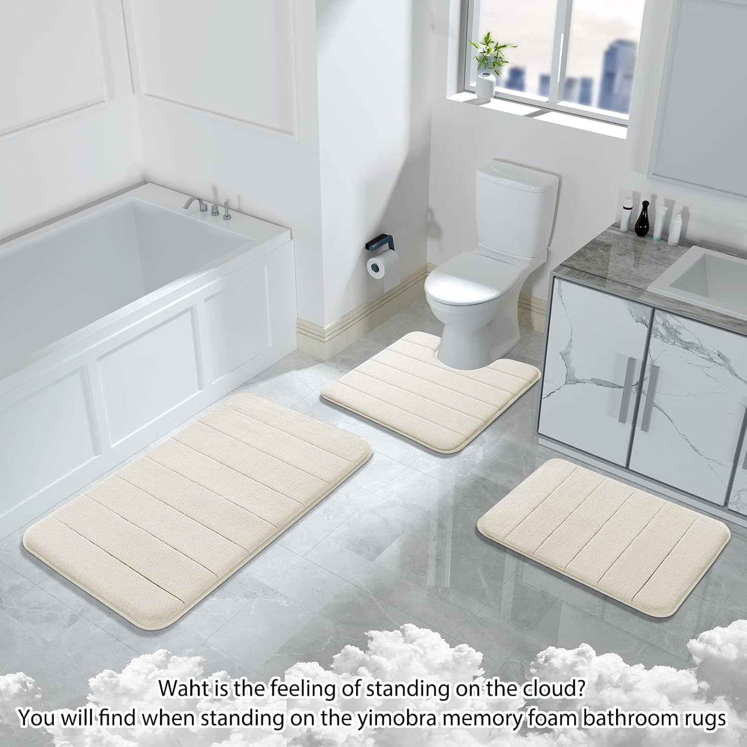 Yimobra 3 Pieces Memory Foam Bath Mat Sets, 31.5 X 19.8 + 17X24 and U-Shaped for Bathroom Rugs, Toilet Mats, Non-Slip, Soft Comfortable, Water Absorption, Machine Washable, Cream White image number 6