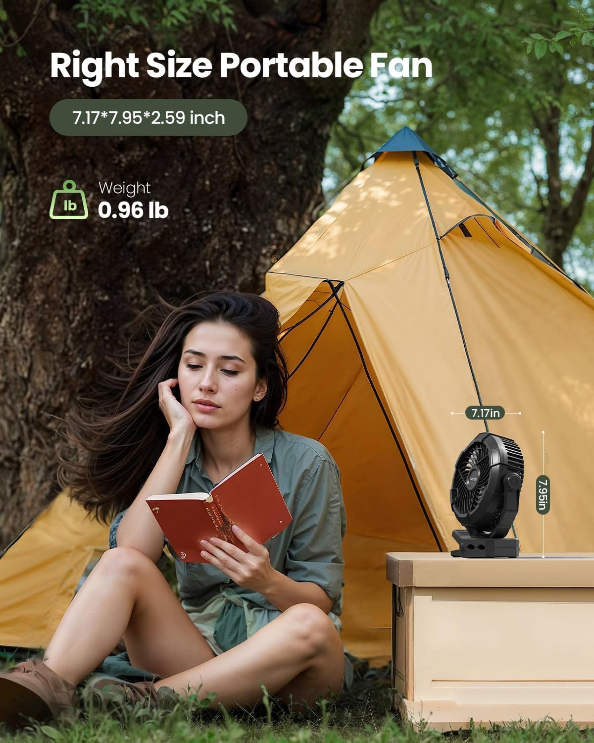Gaiatop Portable Camping Fan with LED Lantern, 360&deg;Rotation and Clip on for Desk, 4000Mah USB Rechargeable Battery Powered, Digital Display and Hanging Hook for Tent Outdoor Travel Bedroom Black image number 2