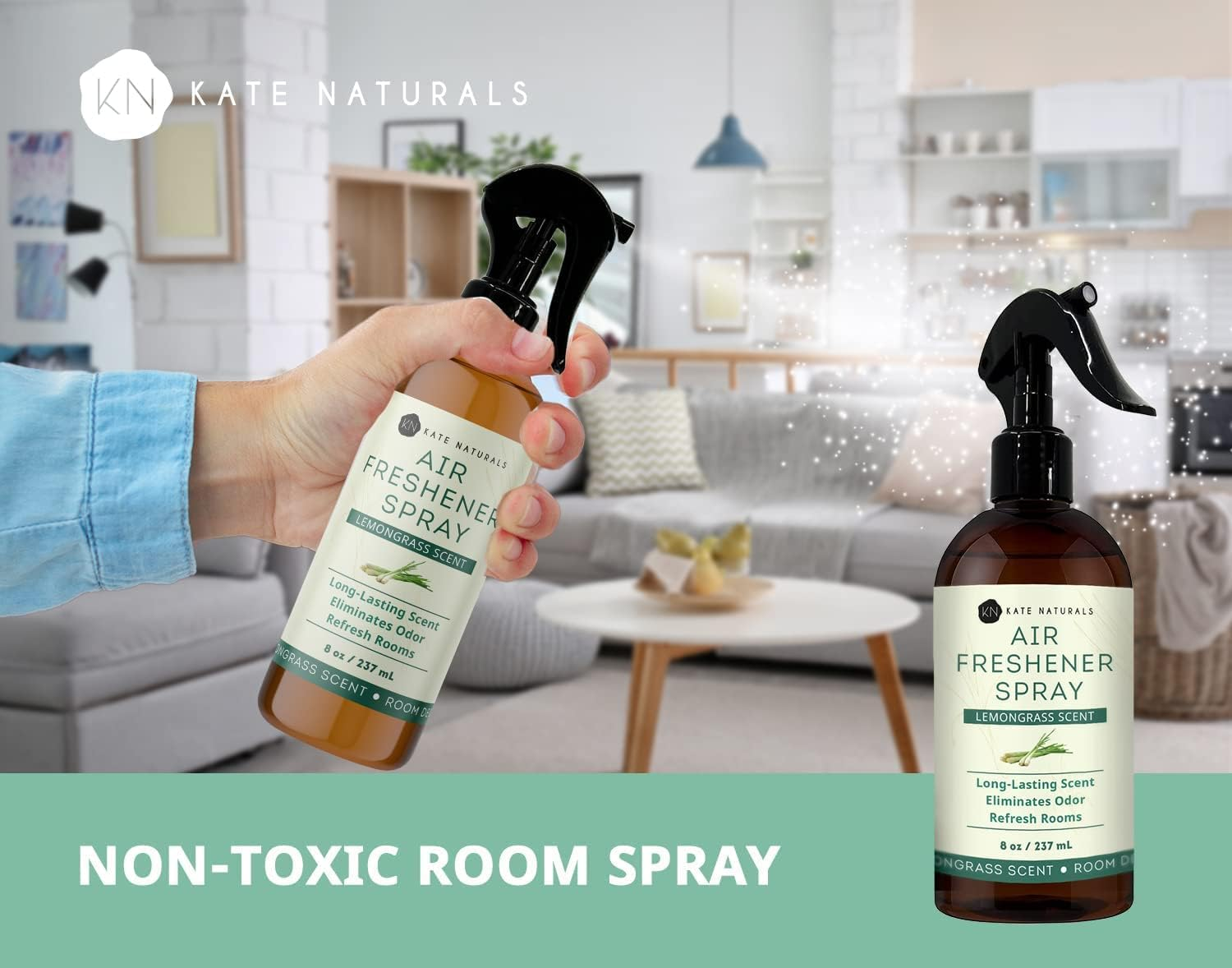 Air Freshener Spray Lemongrass Scent - Kate Naturals (8 Fl Oz). Sharp Lemongrass Aroma & Odor Eliminator for Pillows, Linen & Room Spray with Essential Oils. 8 Fl Oz. image number 5