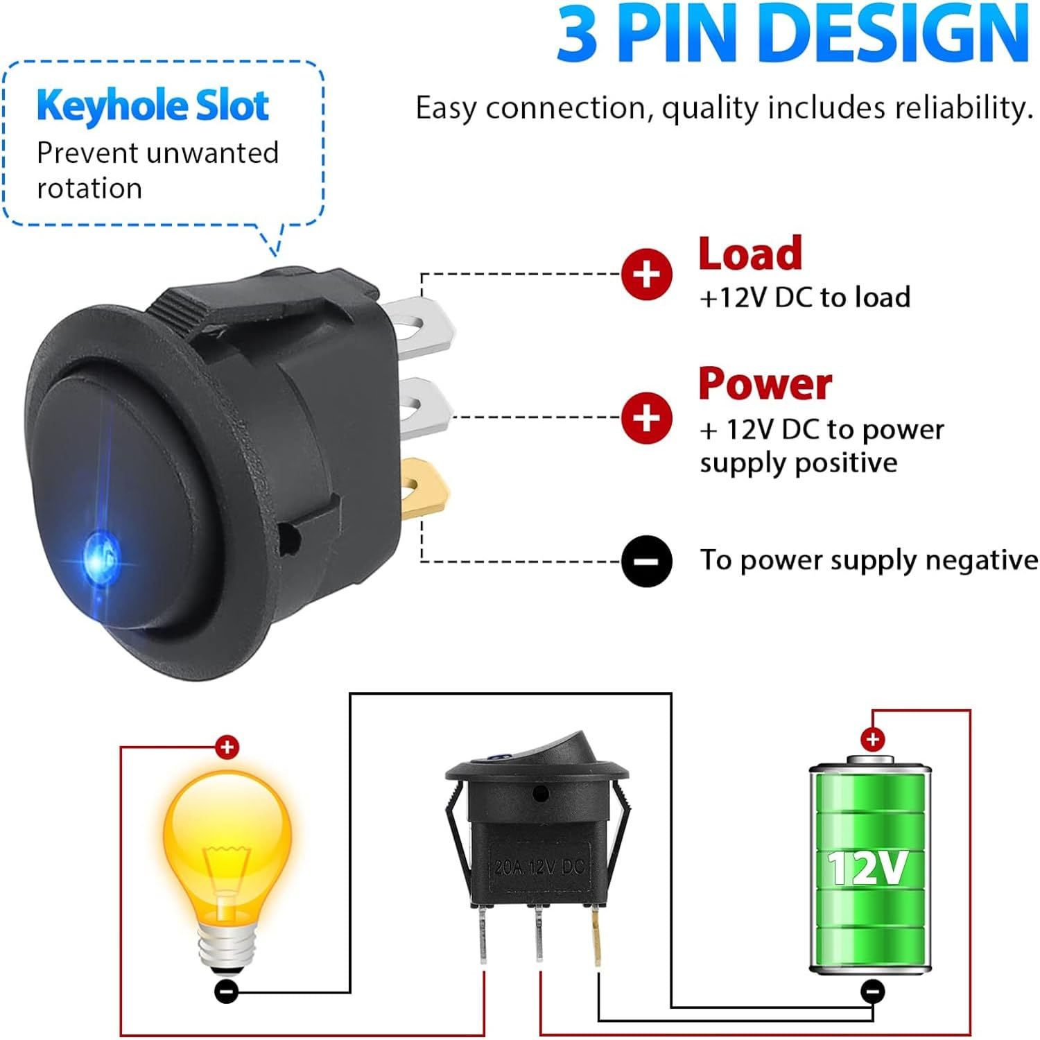 4Pcs Car 3 Pin Control Switch Replacement LED Lighting round Switch - Retrofit Control Switch Accessories for Rvs, Campers, and Boats (4Pcs) image number 2
