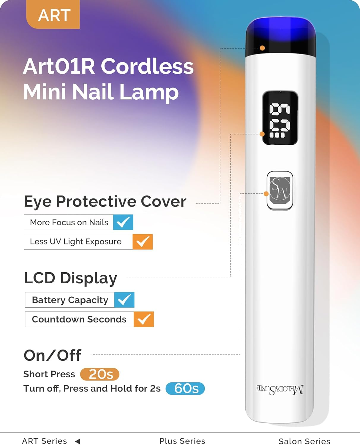 Melodysusie Handheld UV Light for Gel Nails, ART01R Cordless Gel X Nail Lamp Rechargeable with LCD Display, Eye-Protective Cover Flash Cure Nail Dryer for Rhinestone Glue Decoration DIY at Home