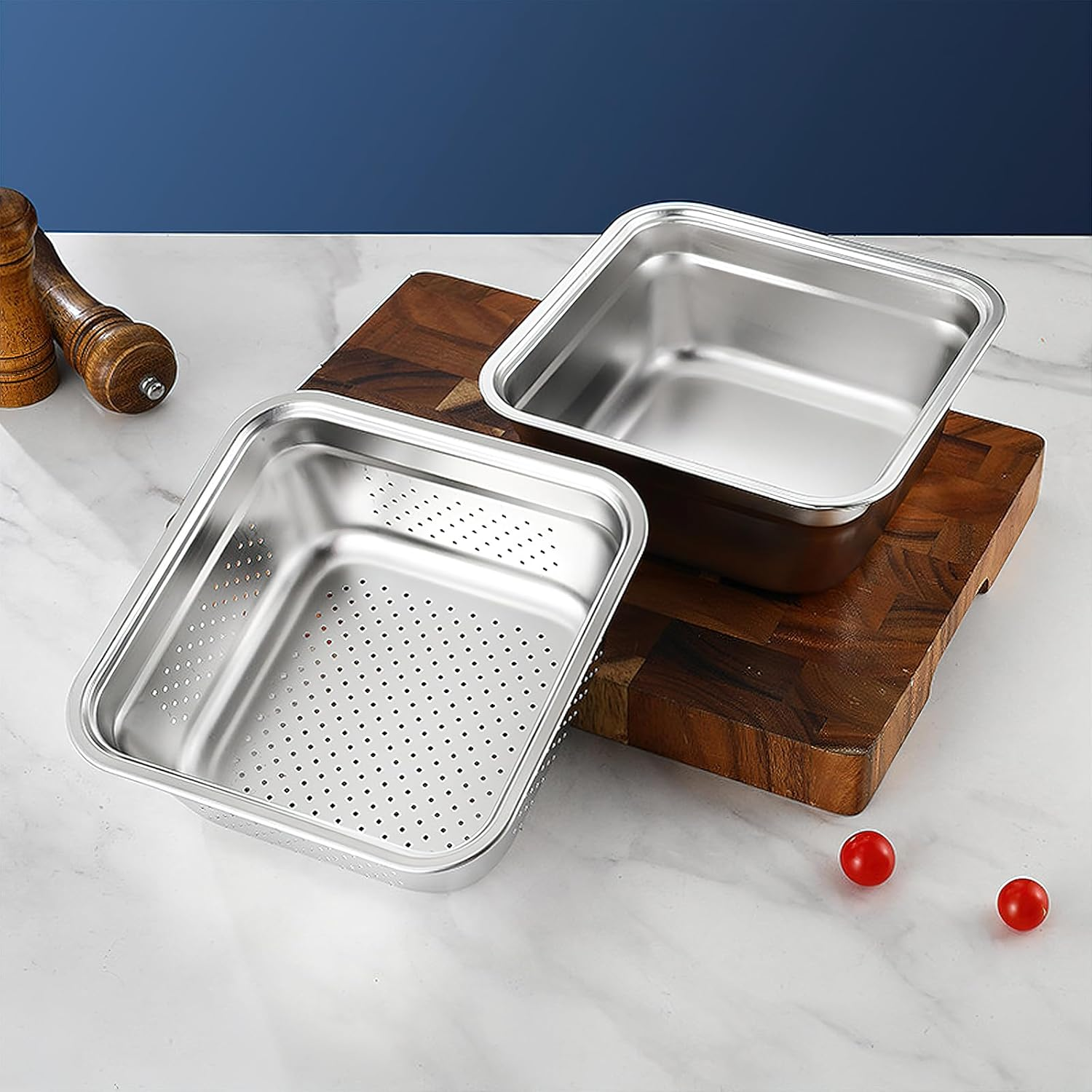 2-In-1 Stainless Steel Washing up Bowl Set, 12.8" Sturdy Square Dish Tub with Colander, Fruit Vegetable Washing Basin for Sink, Food Grade Dishpan for Draining Rice, Pasta, Food Strainer Mixing Bowl image number 2