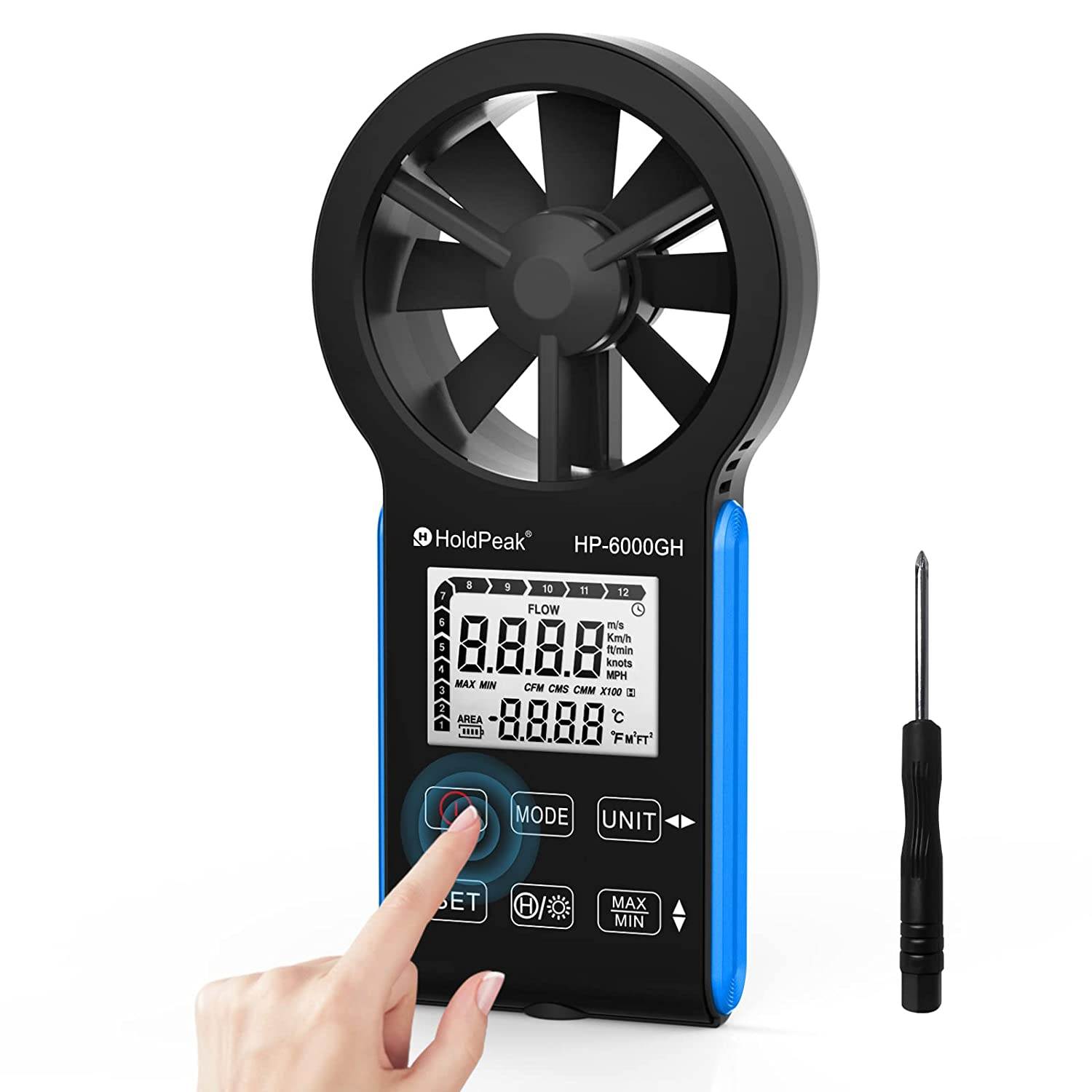 HOLDPEAK Digital Anemometer with Anti-Interference Touch Button, HP-6000GH Type-C Rechargeable Handheld Anemometer Measure Wind Speed, Wind Volume and Temperature, New Outdoor Air Flow Meter image number 2