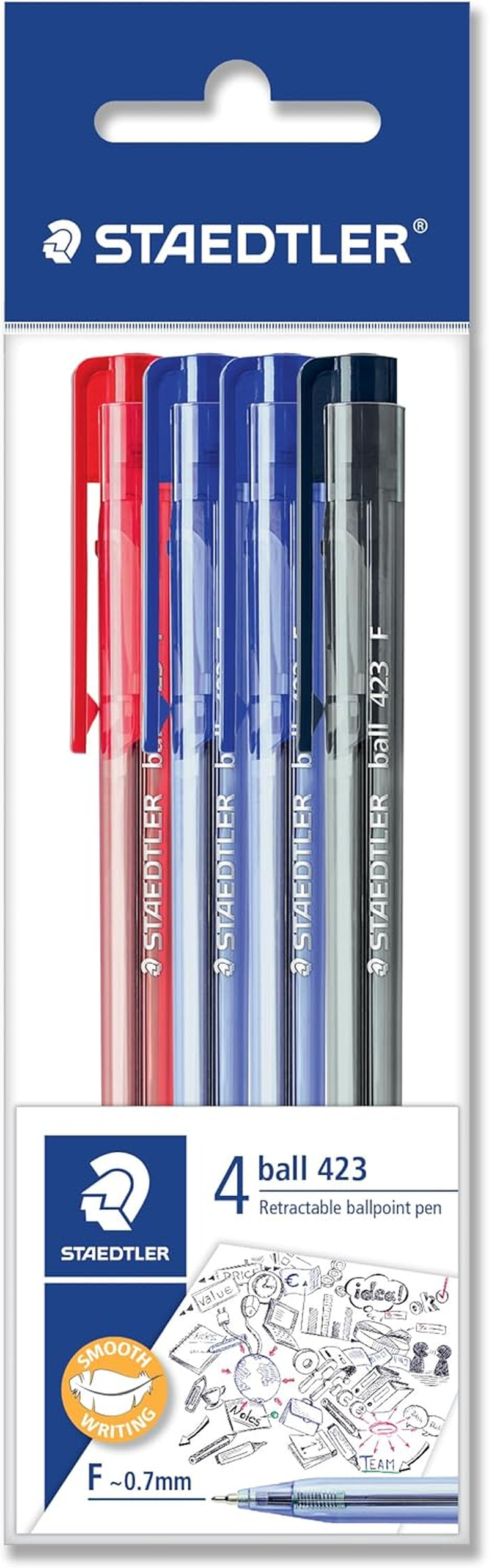 STAEDTLER Stick 423 Ice Retractable Ballpoint Pen Fine - Polybag of Assorted Red Blue Black