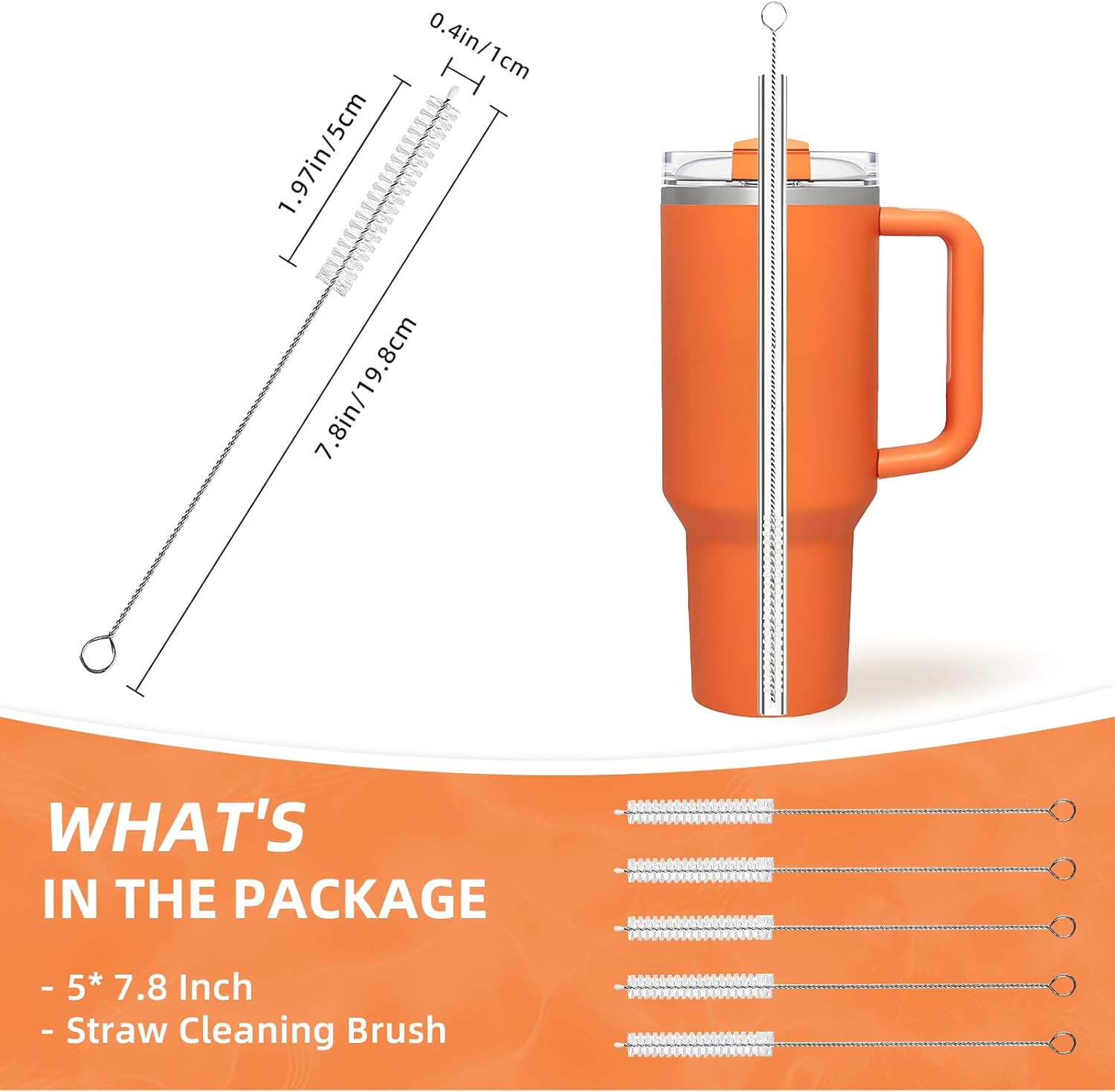 Cleaning Brushes for Reusable Drinking Straws, Set of 5, Long Wire Handle, Reusable Bottle and Straw Cleaner for Stanley Mug, Sippy Cup, Water Bottle and Tubes, Reusable and Flexible