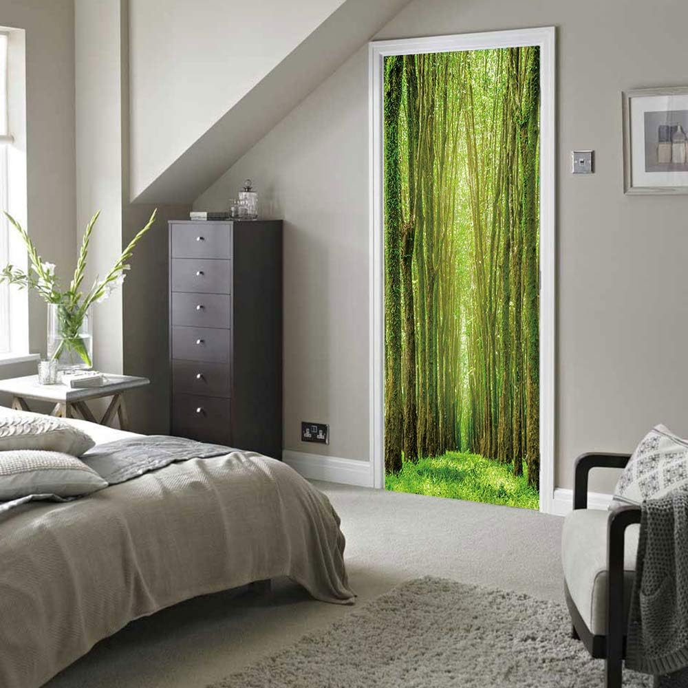 Nature Art Self Stick Vinyl Door Mural Sticker, Peel and Stick Removable Refrigerator Wrap Decal, Green Forest, 32.3X78.7, 2 Pcs Set - Bookcase image number 7