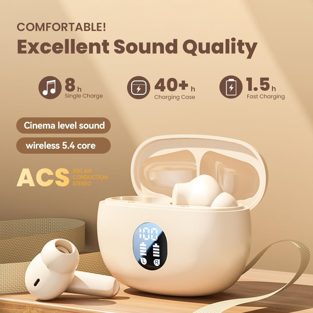 Wireless Earbuds, Bluetooth 5.46 Headphones with Hifi Stereo Sound, 48H Playtime with LED Power Display Charging Case, IP6 Waterproof In-Ear Earphone with Mic for Sport (Beige) image number 5