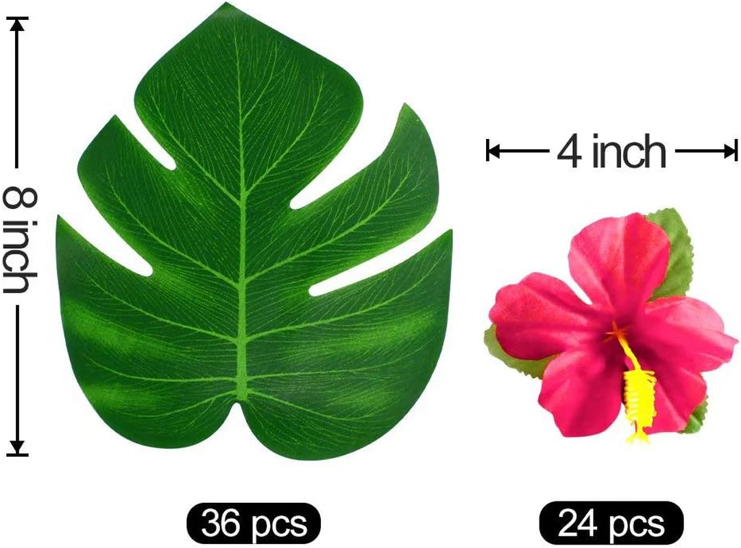 60Pcs Tropical Party Decorations Supplies Tropical Palm Leaves Hibiscus Flowers Simulation Artificial Leaf for Hawaiian Luau Safari Party Jungle Beach Theme BBQ Birthday Party Decorations Table Decor