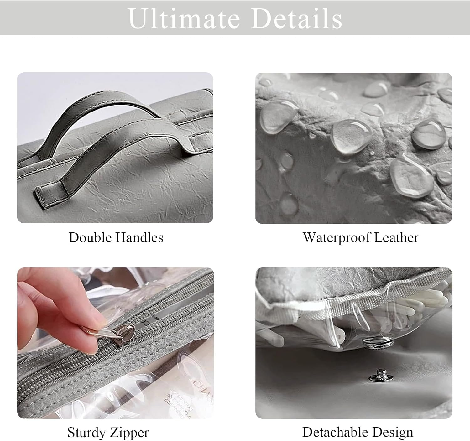 Zaciea Portable Travel Makeup Bag for Women, Foldable Cosmetic Toiletry Bag with Detachable Inner Pockets (Gray) - Black image number 5