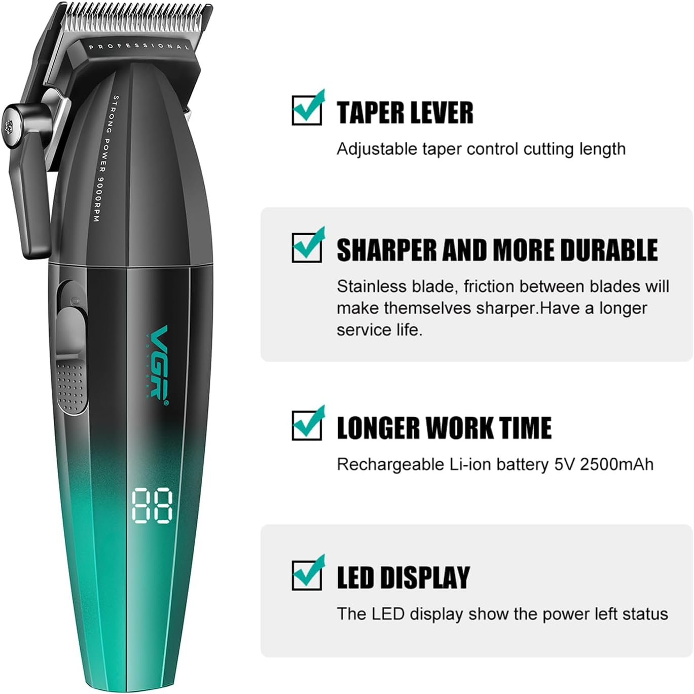 VGR 003 Fresh Fade Hair Clipper, Professional Hair Trimmer, Cord/Cordless Rechargeable Hair Cutting Tools with LED Display, 9000 RPM Barber Clippers, Green
