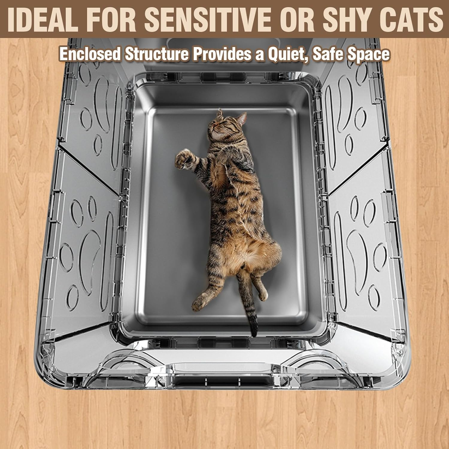 Amibud Stainless Steel Enclosed Cat Litter Box with Lid, Foldable Metal Enclosed XL Top Entry Kitty Litter Pan Tray with Scoop,Easy to Clean(Gray)