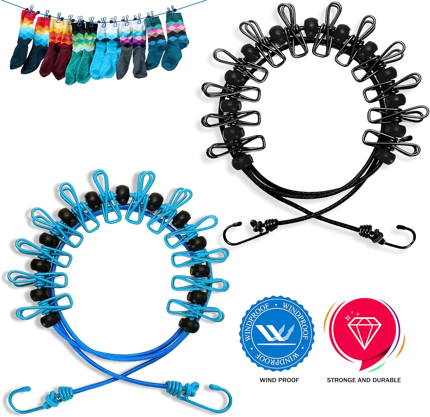 Portable Clothesline with 12 Clothespins, [2 Pack] Gvtech Windproof Travel Clothesline Stretchy Retractable Elastic Laundry Clothes Line for Backyard Vacation Hotel Balcony Clothes Drying (Black+Blue)