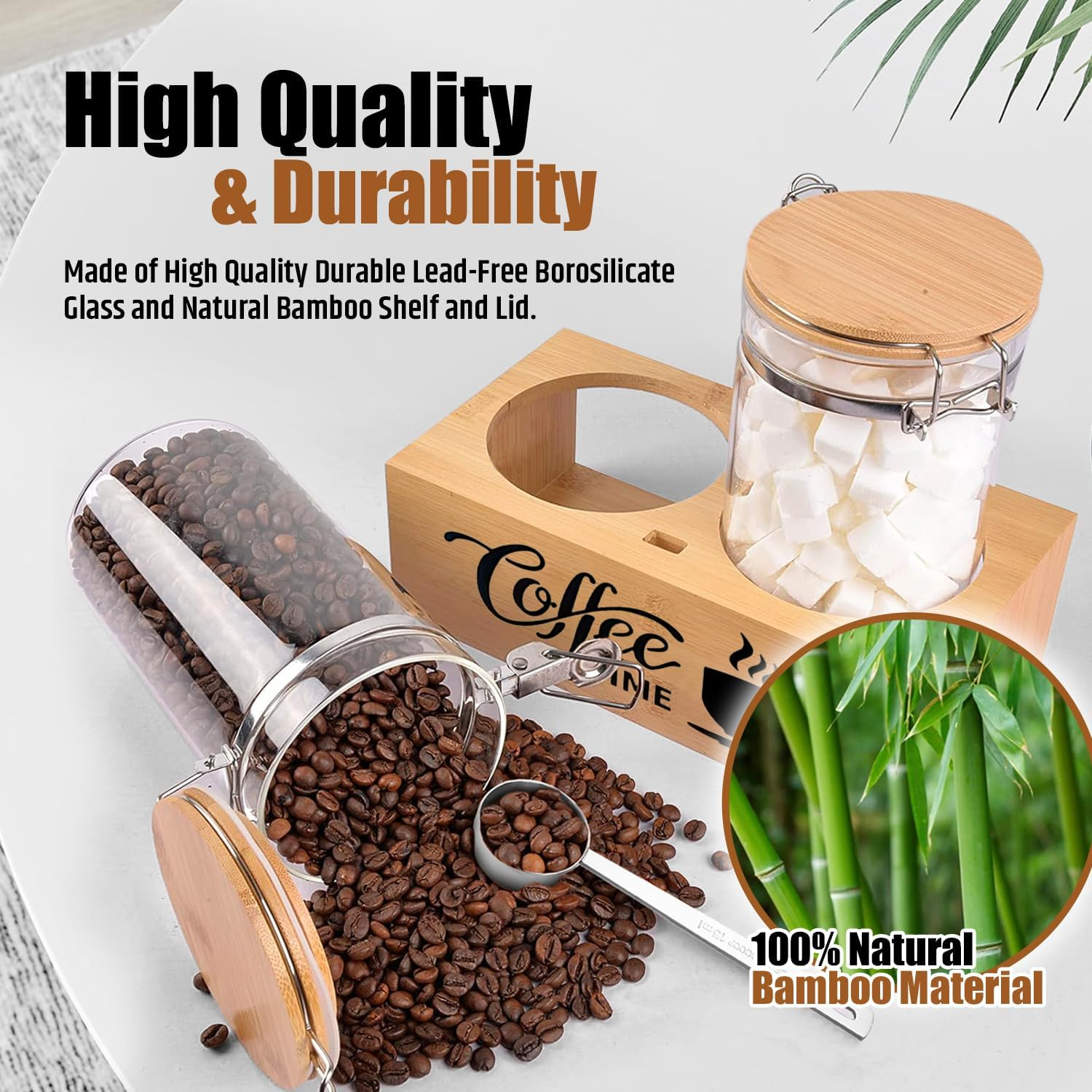 Generic Modern Elegant Coffee Canister Set - 2 X 1.5Kg Capacity, 33Cm L X 15Cm H - Glass & Bamboo, Airtight, Wire Clamp Closure - Perfect for Coffee & Dry Goods Storage image number 4