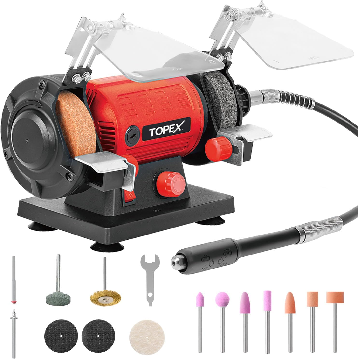 TOPEX 120W Bench Grinder Polisher W/ 2 Grinding Wheels& Adjustable Tool Rests& Eye-Protecting Shields& Static Wheel Guards, Multifunction Electric Polishing Grinding Engraving Buffing Machine