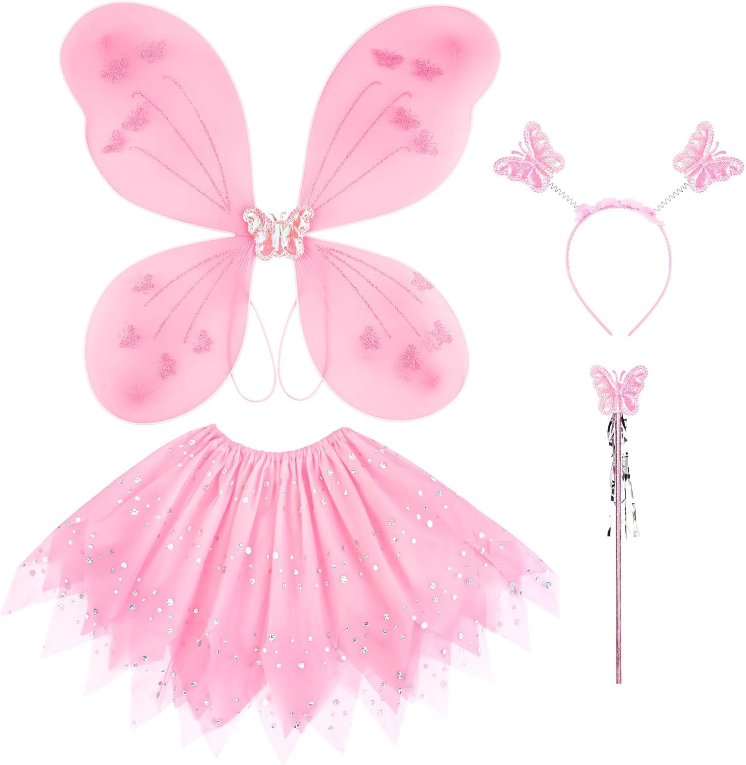 AYBUY Fairy Wings Kids Costume, Fairy Butterfly Wings with Tutu, Magic Wand and Headband, Fairy Princess Skirt Set, Fairy Dressing up Costume for Girls