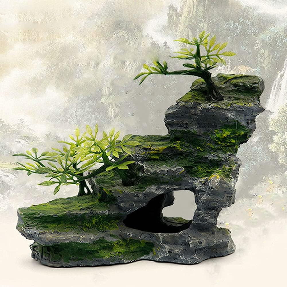 Ibwell Aquarium Ornament Rock Cave Landscape Artificial Mountain View Stone with Moss Tree Fish Tank Decoration (#Hill A) - Hill A image number 4