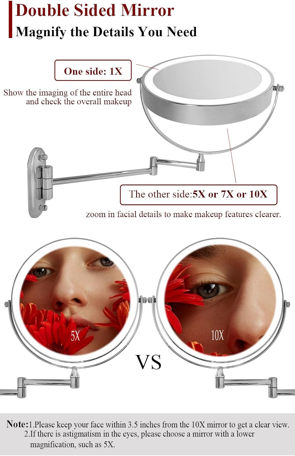 9" Magnifying Mirror with LED Lights Bathroom Large Illuminated Wall Mounted Vanity Mirror for Makeup Shaving (With LED Lights,Bright Luxury Gold 7X Magnification) image number 3