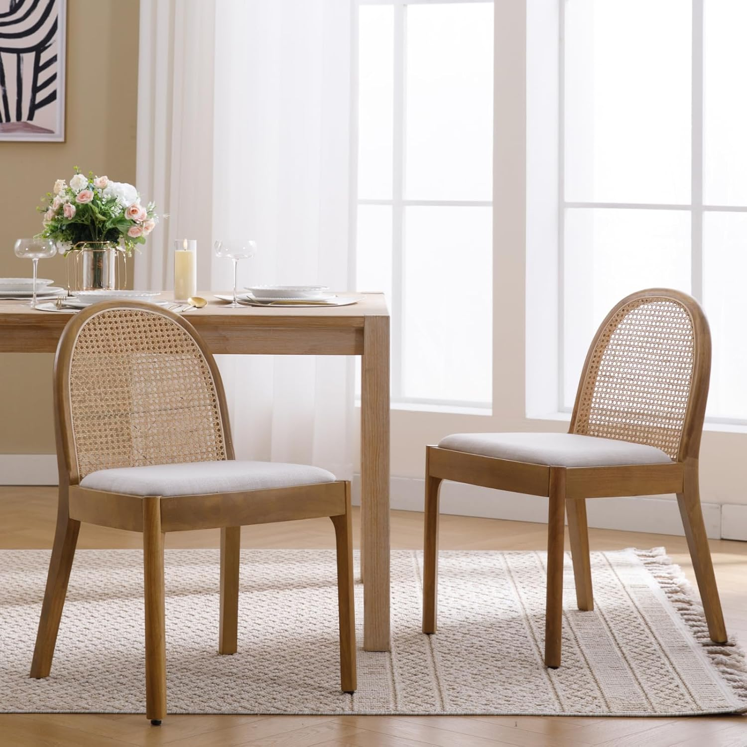 Ya-Home Mid Century Dining Chairs Set of 2, Linen Upholstered Kitchen Chairs W/Rattan Back, Farmhouse Side Chair Solid Wood Accent Chair for Home/Living Room/Dining Room/Restaurant, Beige