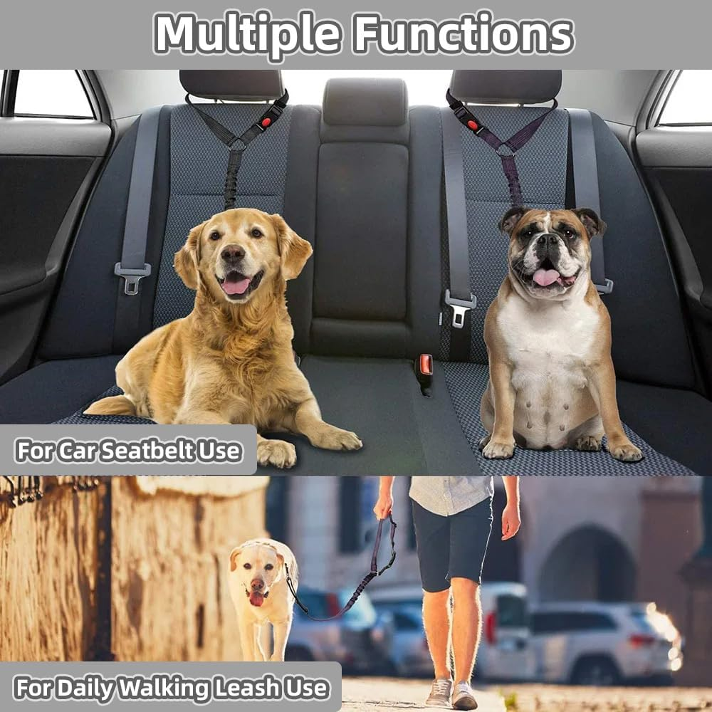 2 Pack Dog Car Seat Belt, Dog Seat Belts for Cars UK with Adjustable Heavy Duty Nylon and anti Shock Elastic Bungee Buffer (Black and Red) image number 2
