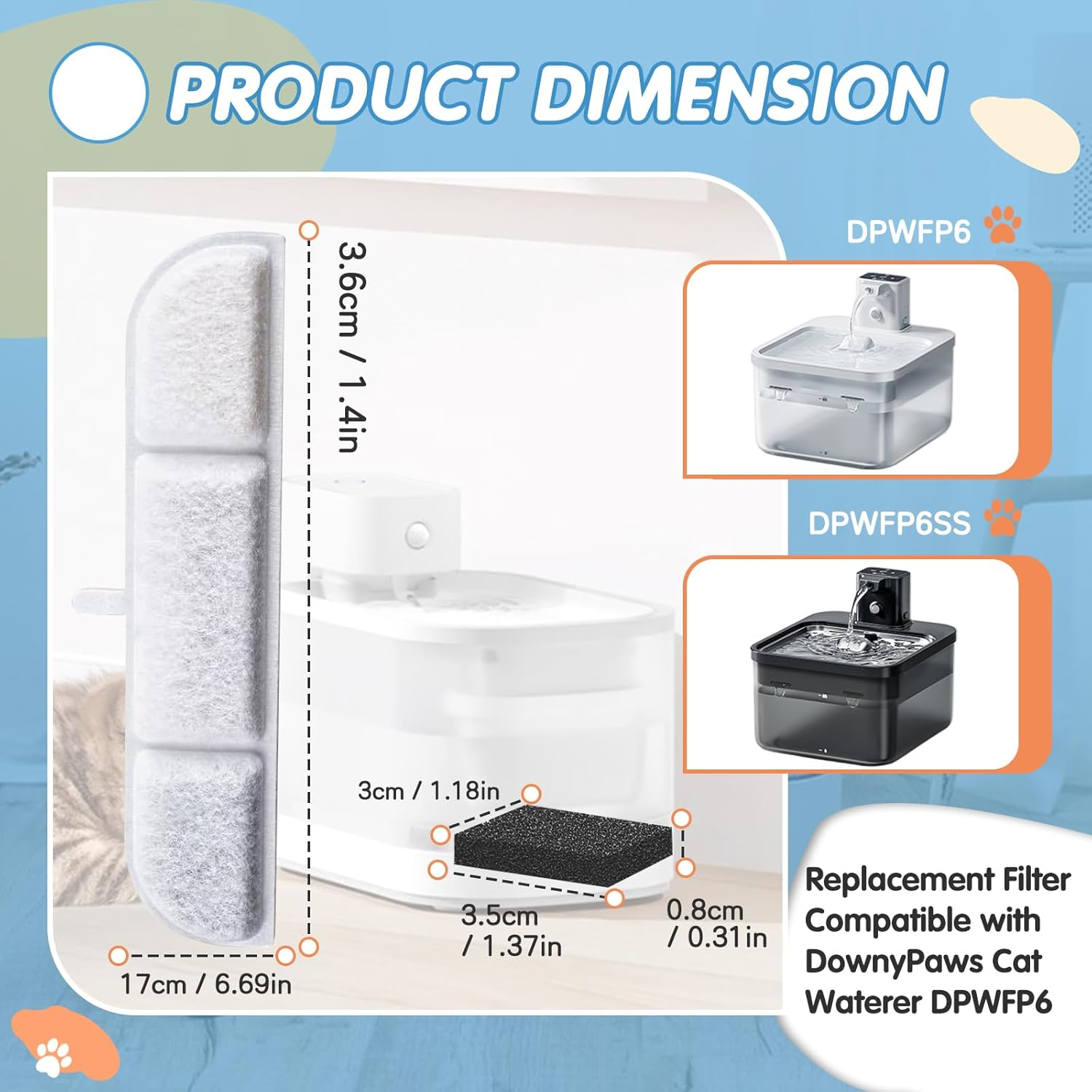 HAVANSIDY 12Packs Replacement Filters Compatible with Downy Paws Cat Water Fountain - Triple Filtration Filters for Downypaws 84Oz/2.5L Wireless Pet Fountain DPWFP6 (12 Filters & 12 Sponges) image number 2