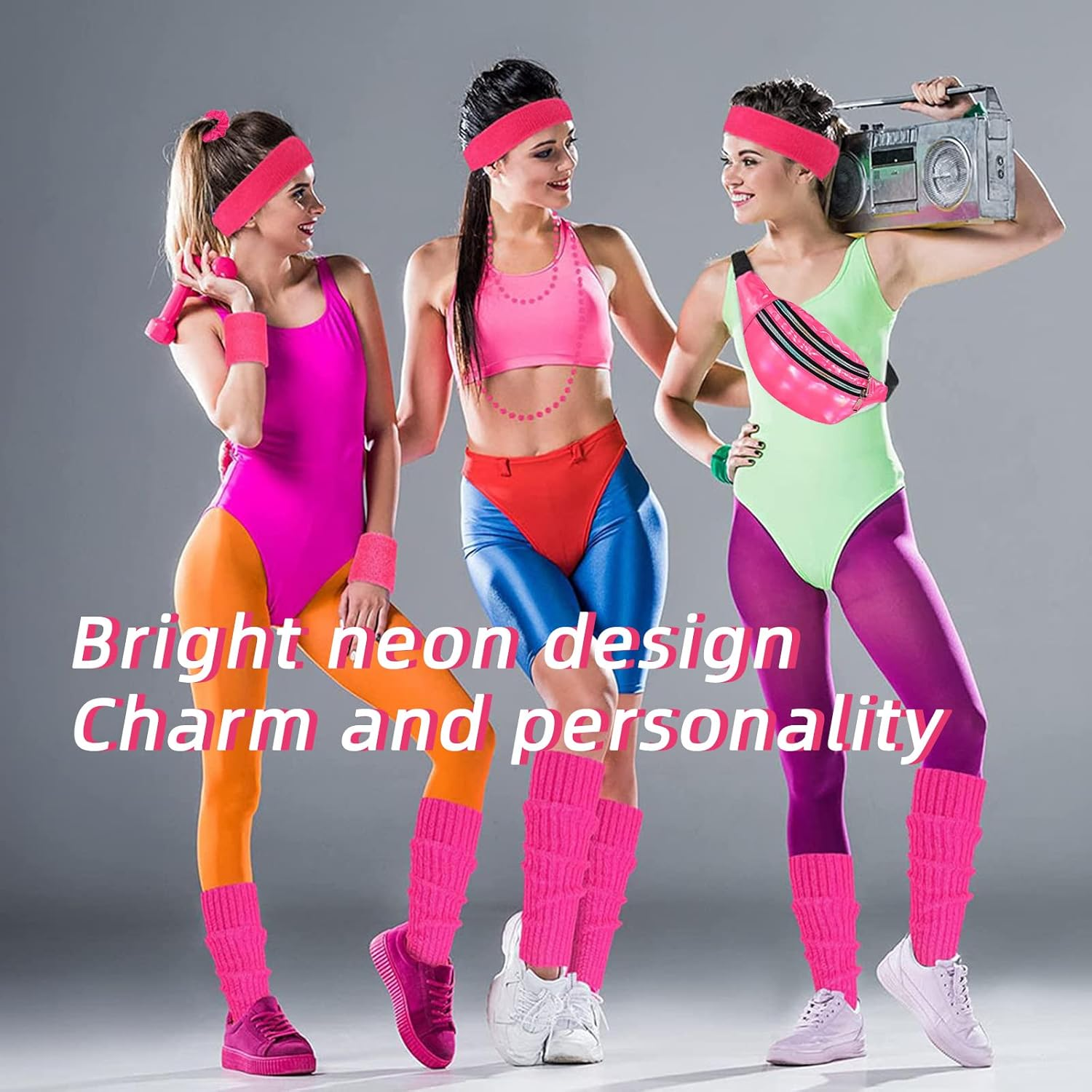 80S Women Neon Leg Warmers Headband Wristbands Holographic Fanny Pack Sport Accessories Set for 80S Eighty'S Party Yoga image number 6