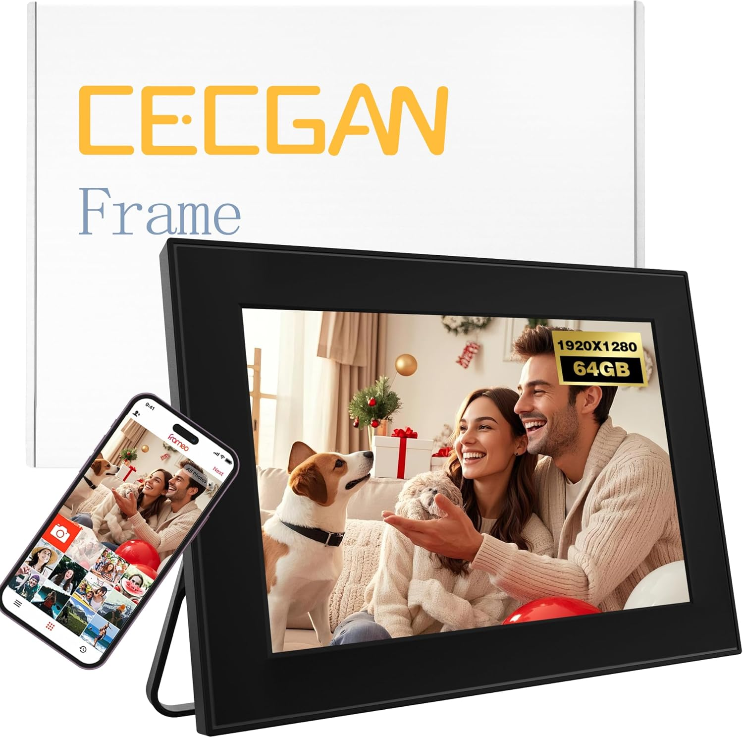 32GB Wifi Digital Photo Frame, 10.1 Inch Frameo Picture Frame,1280X800 HD IPS Touch Screen, Auto-Rotate, Share Photos/Videos Instantly via Frameo App from Anywhere, Wall Mountable.