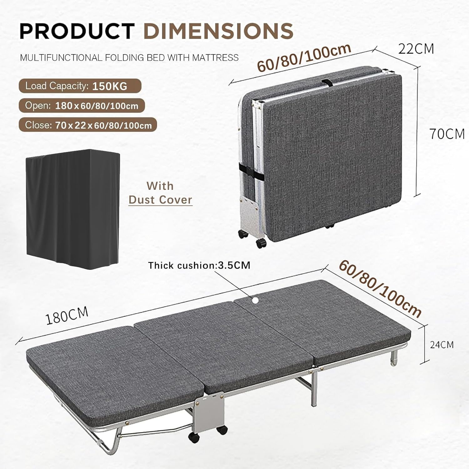 LIODUX 3-Folding Bed with Mattress, Office Portable Foldable Bed, Roll Away Beds Guest Bed on Wheels, with Memory Foam Mattress & Reinforced Frame, Space Saving Office Bed (100 X 180CM) image number 3