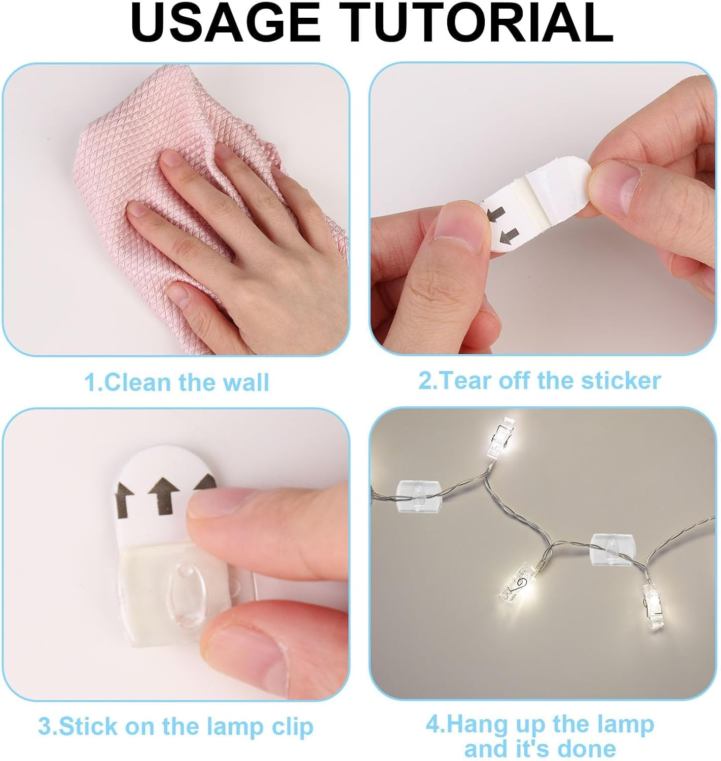 100 Pcs Indoor Mini Light Clips - Damage-Free Adhesive Hooks for Christmas Lights & Home Decor, No-Tool Hanging Solution for Walls, Windows & More, Includes 100 Clear Clips & 100 Strips