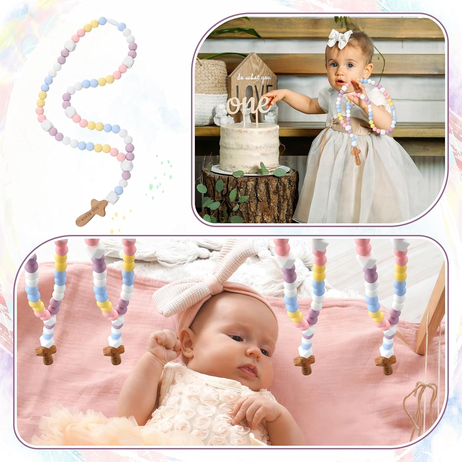 Misdary Baby Rosary Baptism Gift Silicone God Bless Kids First Rosary with Cross 1St Year Baptism Party Supply for Baby Shower Christian Communion Gifts (Multicolor,Square) image number 2